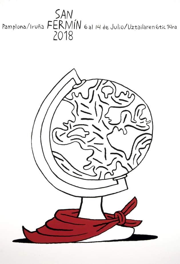 Una bola del mundo en blanco y negro sostenida en su base de la que cuelga un pañuelo rojo vivo que destaca sobre la insaturada superficie en la reina solamente el trazo de una ilustración. 