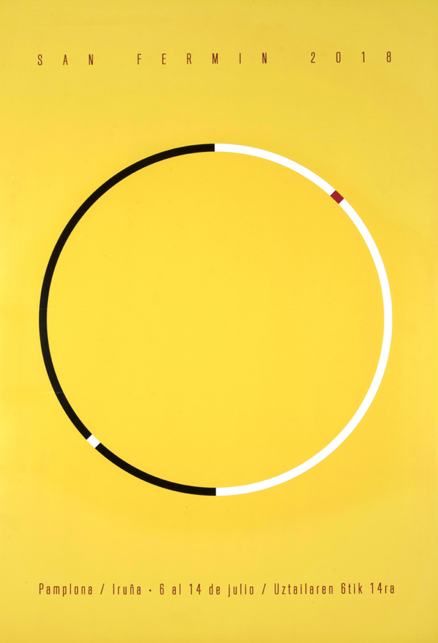 Un círculo sobre fondo amarillo nos recuerda a la plaza de toros visto desde arriba. Podemos ver el día y la noche, sol y sombra en el ciclo continuo de la fiesta
