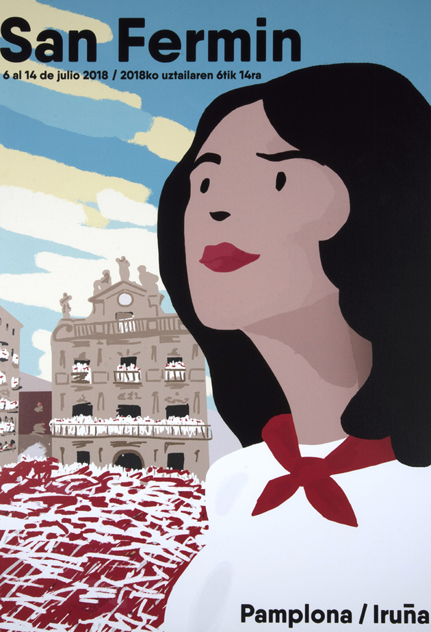 Una mujer morena vestida de sanfermin con la mirada alta ocupa dos tercios del cartel. De fondo podemos ver el Ayuntamiento de Pamplona en pleno chupinazo. 