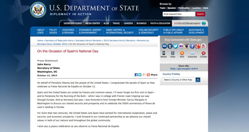 On the Occasion of Spain's National Day Press Statement John Kerry Secretary of State Washington, DC October 11, 2014