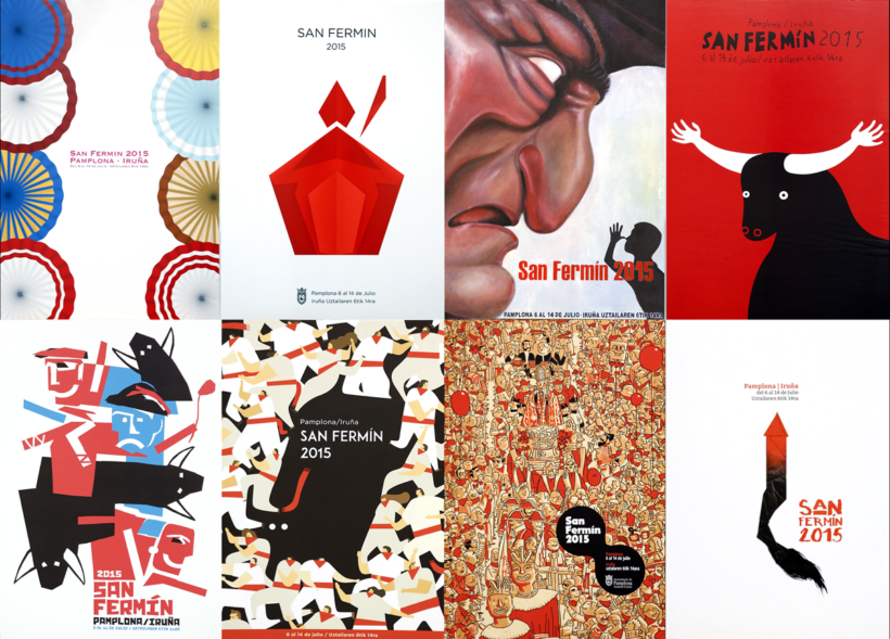 Los 8 carteles finalistas de Sanfermin para 2015 en dos filas de cuatro. Entrar en los carteles uno a uno para leer la descripción. Hay un video con testimonios del jurado