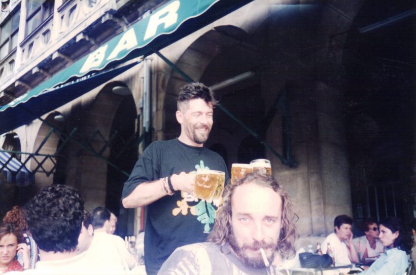 Photo. Bolton John, with 4 pints in hand, 5th of July 1992, starting fiesta in style