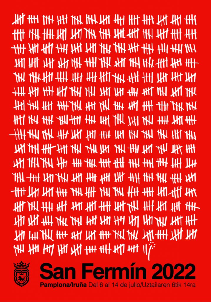 CARTEL 4. 1087 COMENTARIOS DE LA PERSONA ARTISTA El cartel muestra los 1087 días transcurridos desde el último día de San Fermín de 2019 hasta el primero de 2022 y termina la cuenta con un pequeño txupinazo que culmina los tres años de espera. 